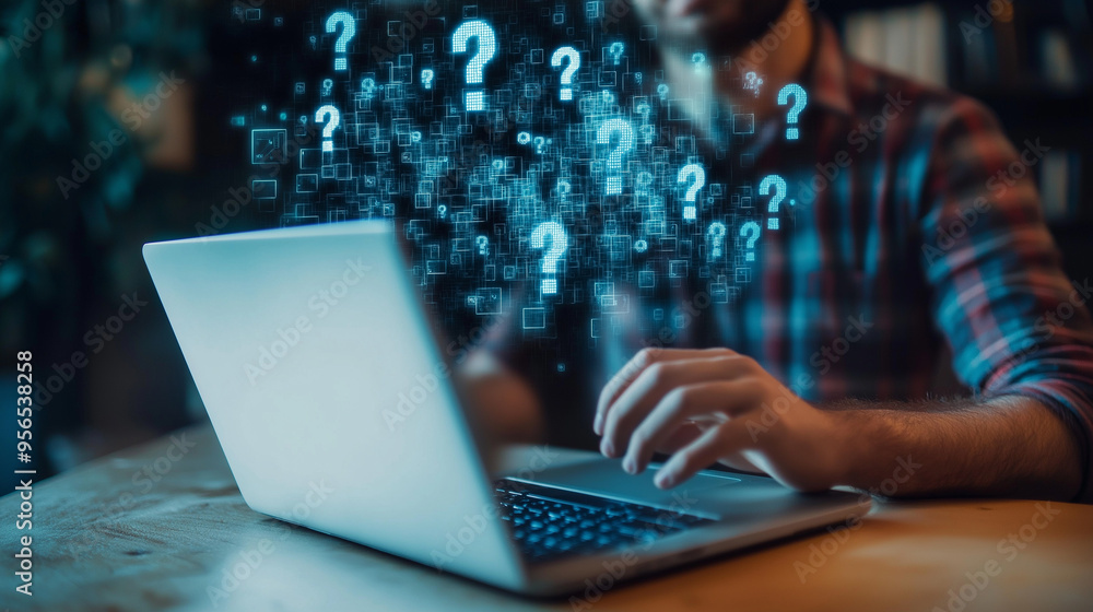 Poster a man in a creative studio types on his laptop, with question marks composed of pixels floating abov
