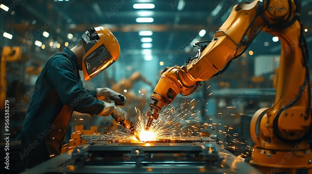 Poster Engineers check and control welding robotics automatic arms machine in intelligent factory automotive industrial Digital manufacturing operation Industry 40 : Generative AI