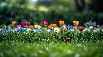 Beautiful spring garden The green lawn emphasizes the blooming flowers in the garden A diverse spectrum of colorful flowers panoramic views of natural beauty : Generative AI
