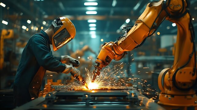 Engineers check and control welding robotics automatic arms machine in intelligent factory automotive industrial Digital manufacturing operation Industry 40 : Generative AI - Powered by Adobe