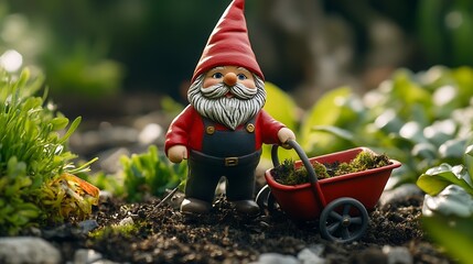 Garden gnome ornament figurine in red with wheelbarrow Gardener working at the garden : Generative AI