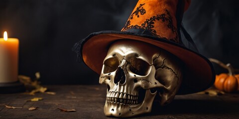 skull in a witch's hat, spooky yet festive Halloween vibe, fall theme, candle, and pumpkin against a dark background
