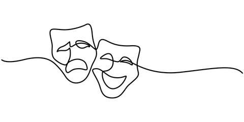 Theater mask one line drawing, opera event symbols continuous hand drawn, theater humor smile mask one line continuous line art, mask one line vector isolated design element, Theater Sign Line Icon