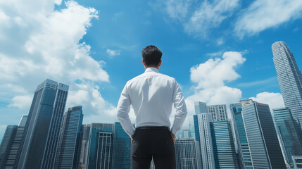 A businessman stands on a rooftop, with a panoramic view of skyscrapers under a clear blue sky, embodying the limitless possibilities of the business world.