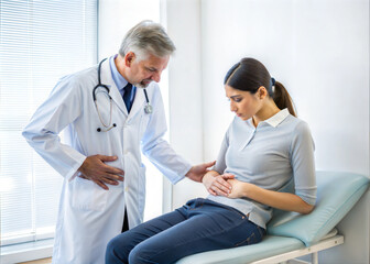Obraz premium Male doctor in white uniform examines female patient with abdominal pain in clinic. Health care and medicine concept.