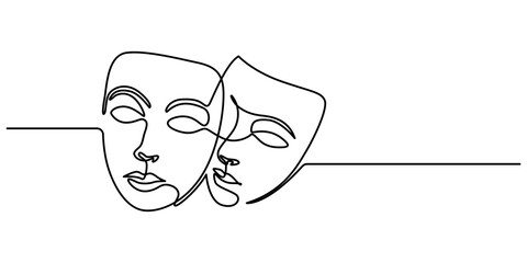 Theater mask one line drawing, opera event symbols continuous hand drawn, theater humor smile mask one line continuous line art, mask one line vector isolated design element, Theater Sign Line Icon