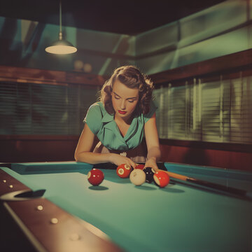 A woman is playing pool in a bar