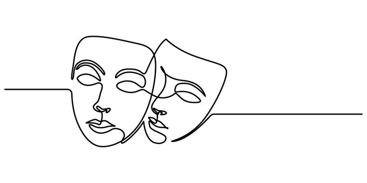 recommend clip art: Theater mask one line drawing, opera event symbols continuous hand drawn, theater humor smile mask one line continuous line art, mask one line vector isolated design element, Theater Sign Line Icon