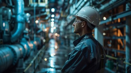 Industrial engineer in safety gear supervising the production line inside a factory