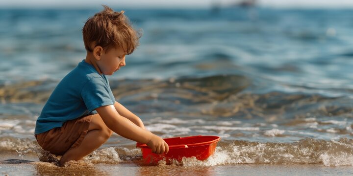 A young child is enjoying a beautiful sunny day at the beach, squatting by the shoreline and playing with a small red boat as gentle waves lap the shore and ocean meets horizon.
