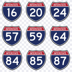 Set Intarstate american road sign vector isolated. Vector illustration of an American interstate highway sign, presented in isolation.