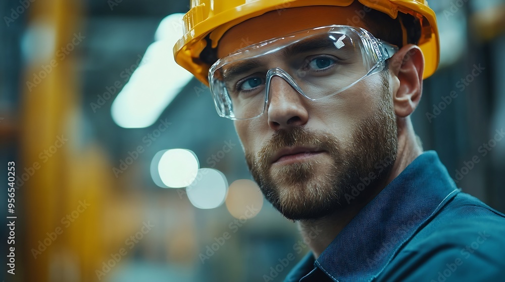 Poster professional caucasian manager engineer wearing safety hardhat is training industry worker workshop 