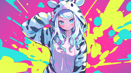 cute zebra character wearing anime onesie costume, anime style, cute kawaii, simple, smiling happy. neon psychedelic background