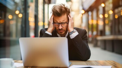 Stressed businessman suffering headache while working on laptop in cafe outdoors