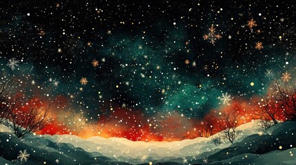 Christmas-themed scene featuring red and green snowflakes fluttering under a starry night sky.