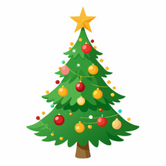 Christmas tree vector illustration, New Year Xmas tree icon on white background, decorated with light