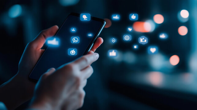 A mobile phone screen surrounded by floating social media icons, held by hands, symbolizing the central role of social media in modern communication.
