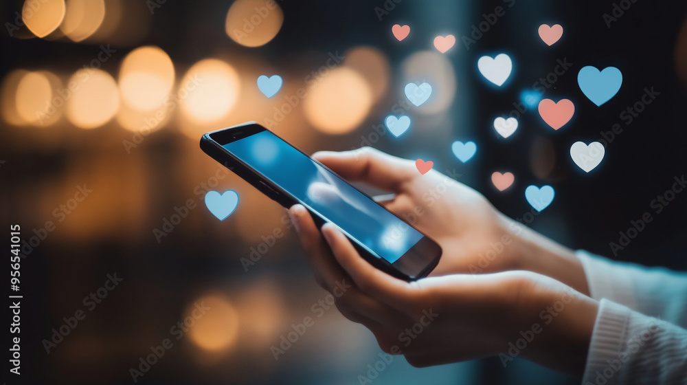 Aufkleber hands holding a mobile phone with an array of social media icons like hearts and shares floating in 