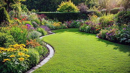 Fototapeta premium Lush green lawn with a winding stone path bordered by a vibrant flower garden.