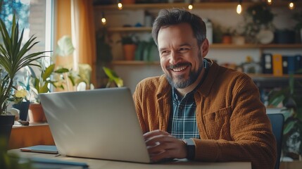 Fototapeta premium A happy adult male freelancer making a video call with a client to go through a new project using his laptop at a desk in a home office : Generative AI