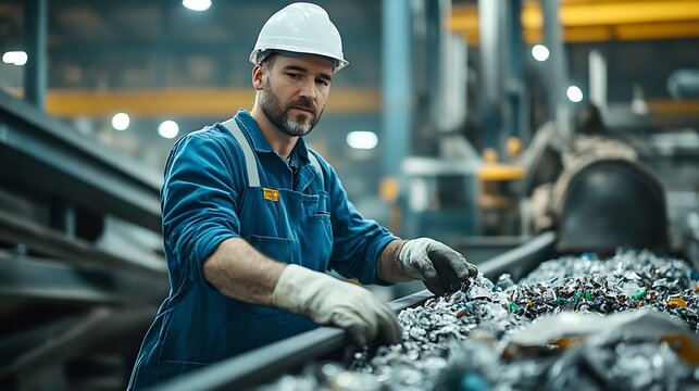 A technician wearing blue overalls and a white helmet operates machinery at an industrial recycling facility where he manages the sorting and processing of refusederived fuel RDF on a  : Generative AI