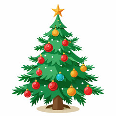 Christmas tree vector illustration, New Year Xmas tree icon on white background, decorated with light