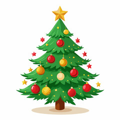 Christmas tree vector illustration, New Year Xmas tree icon on white background, decorated with light