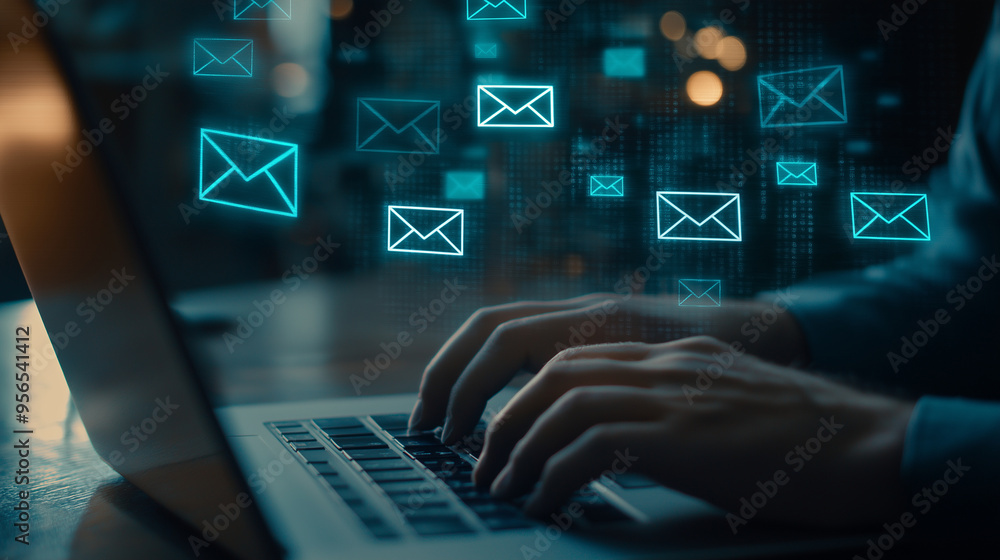 Poster a person engrossed in typing on their laptop, with digital envelopes floating above the email interf