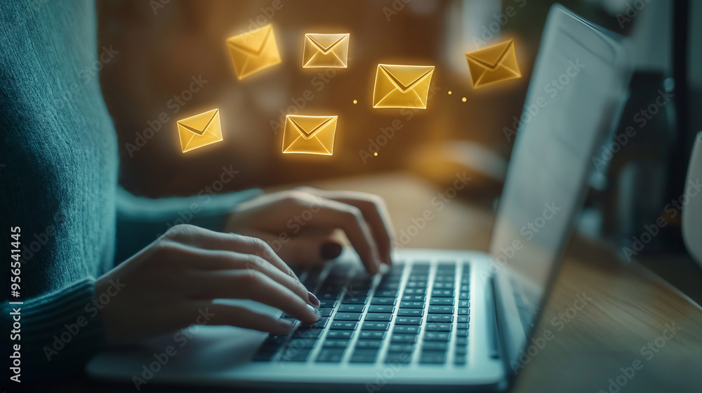 Poster a person engrossed in typing on their laptop, with digital envelopes floating above the email interf