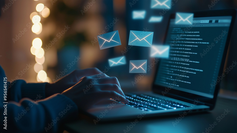 Poster hands on a laptop keyboard, crafting an email, with multiple envelopes floating above the screen, th