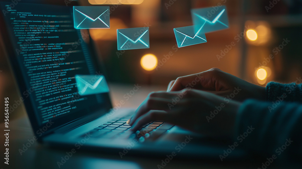 Poster hands on a laptop keyboard, crafting an email, with multiple envelopes floating above the screen, th