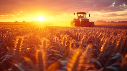 sorgo sorghum plantation being harvested at sunset : Generative AI