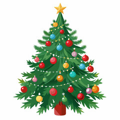 Christmas tree vector illustration, New Year Xmas tree icon on white background, decorated with light