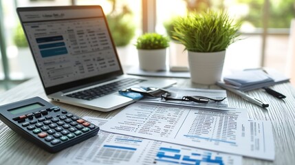 Tax and Vat concept Government state taxes concept Businesman using calculator and laptop to complete Individual income tax return form online for tax payment Data analysis financial r : Generative AI