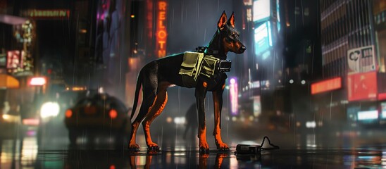 Fototapeta premium Dog with Combat Gear in Rain, Doberman in Futuristic City