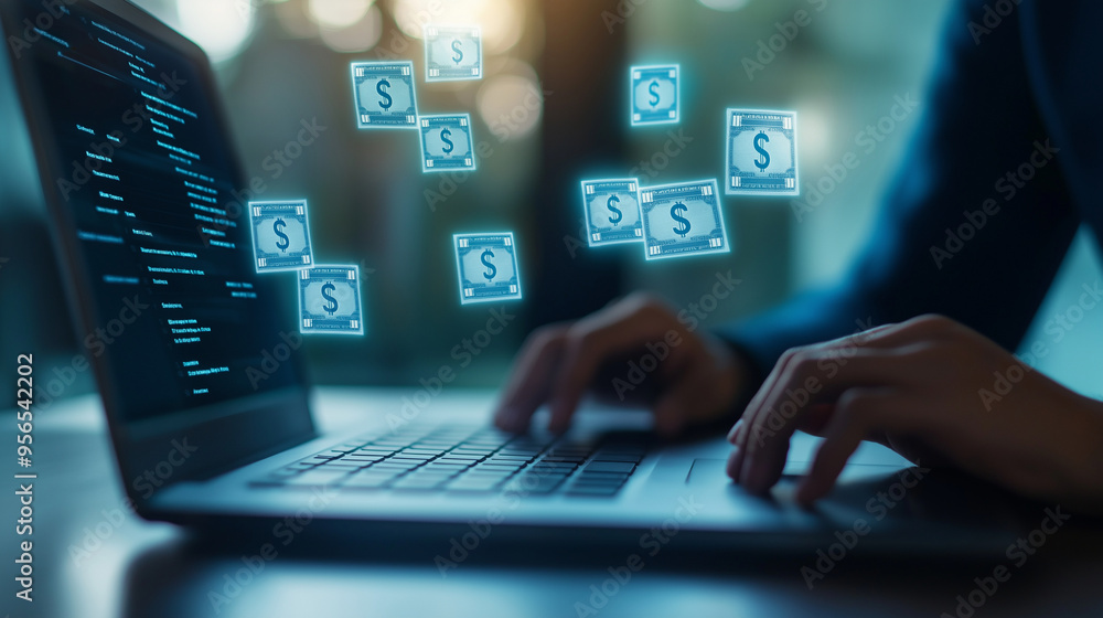 Poster a professional using a high-end laptop with floating dollar symbols surrounding the screen, represen