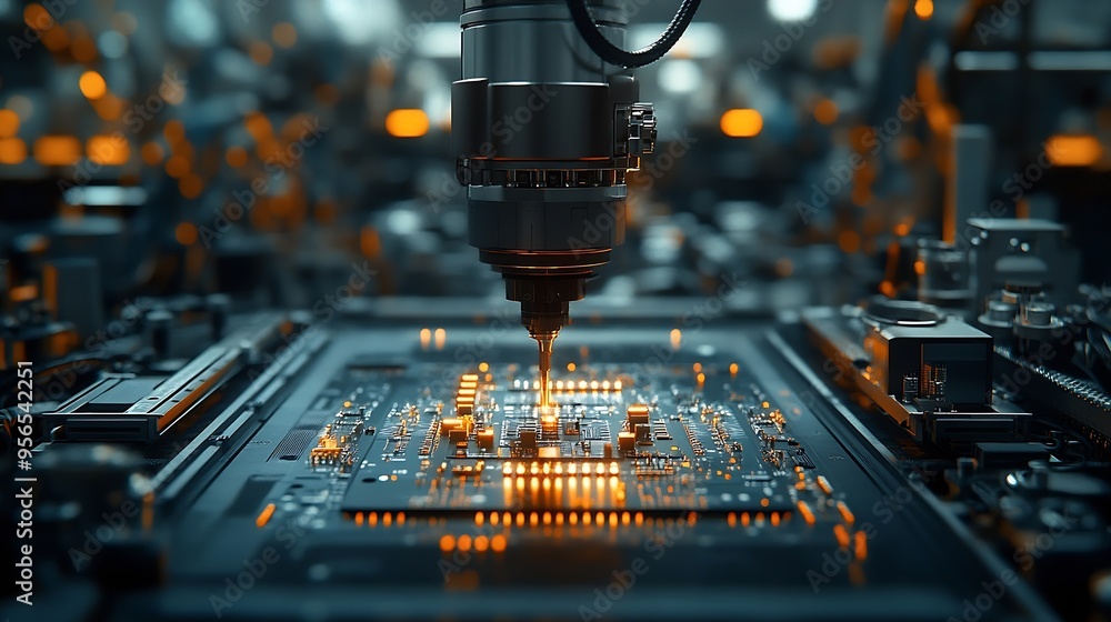 Poster Advanced High Precision Robot Arm inside Electronics Factory Component Installation on Black Circuit Board Electronic Devices Production Industry Fully Automated Modern PCB Assembly Li : Generative AI