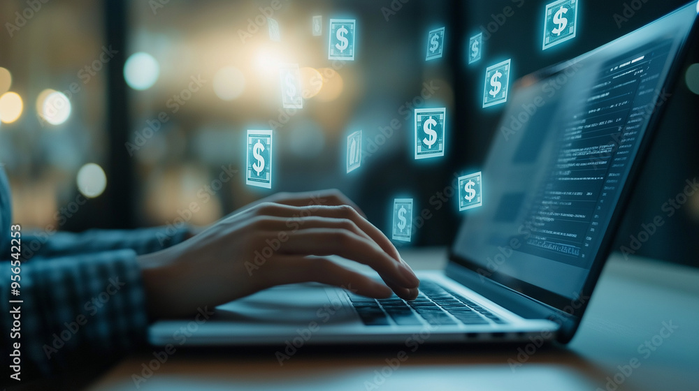 Poster a professional using a high-end laptop with floating dollar symbols surrounding the screen, represen