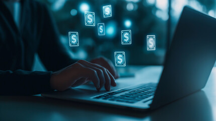 A professional using a high-end laptop with floating dollar symbols surrounding the screen, representing online banking and financial management, set against a softly blurred corpo
