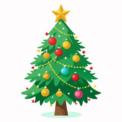 Christmas tree vector illustration, New Year Xmas tree icon on white background, decorated with light