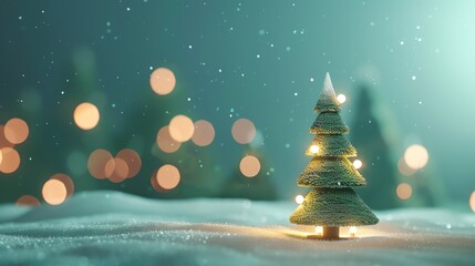 A small Christmas tree with twinkling lights is surrounded by a snowy landscape.