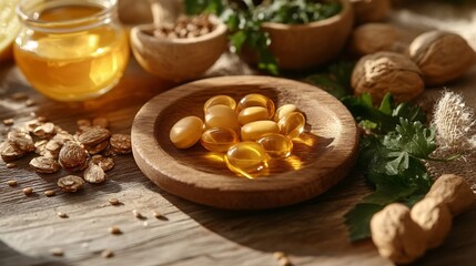 Fototapeta premium Food rich in vitamin E with structural chemical formula of vitamin E molecule Natural products containing vitamins dietary fiber and minerals Healthy sources of tocopherol healthy diet : Generative AI