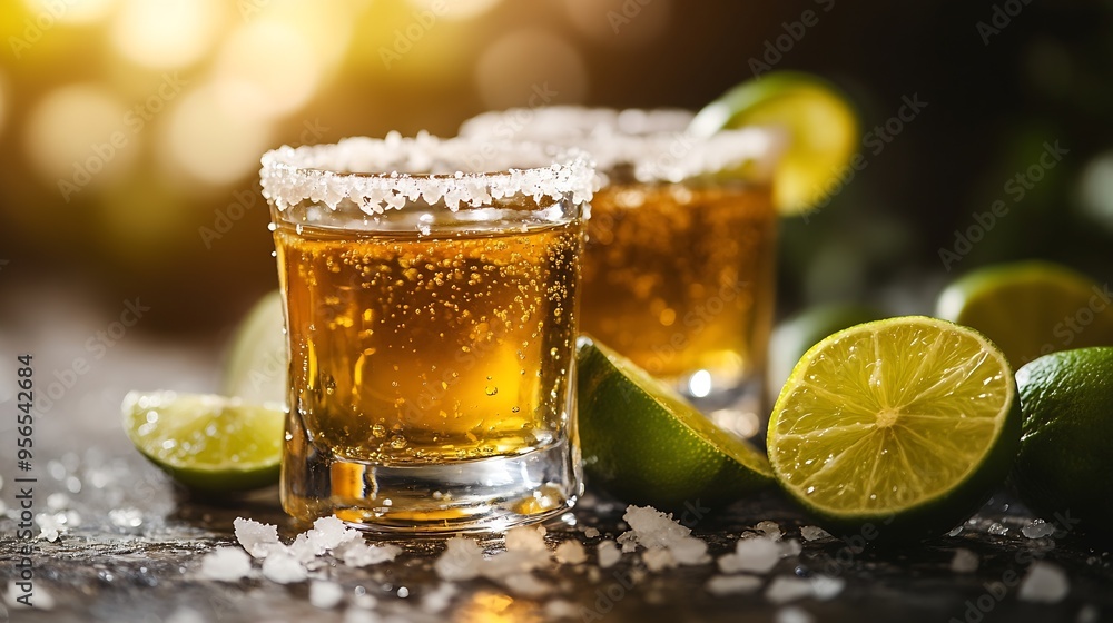 Poster Tequila shots with lime and salt on a rustic background Copy space : Generative AI