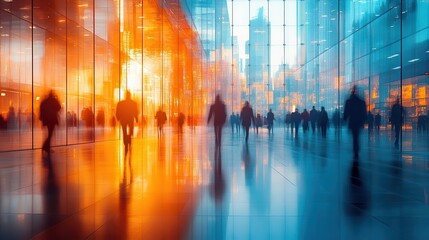 blurred silhouettes rushing through modern office lobby long exposure streaks of light glass and steel architecture dynamic movement cool color palette