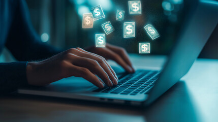 A close-up of a professionalâs hands typing on a laptop, with digital dollar signs floating around, representing the concept of money transfers, with a subtly blurred office in the