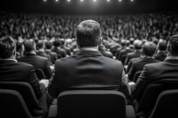 This black and white image captures the back view of a large, formally dressed audience attending an event or conference, highlighting the atmosphere of professionalism.