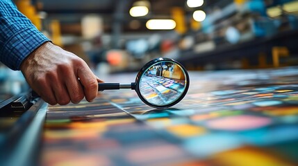 Print house worker controlling printing process quality and checking colors with magnifying glass : Generative AI