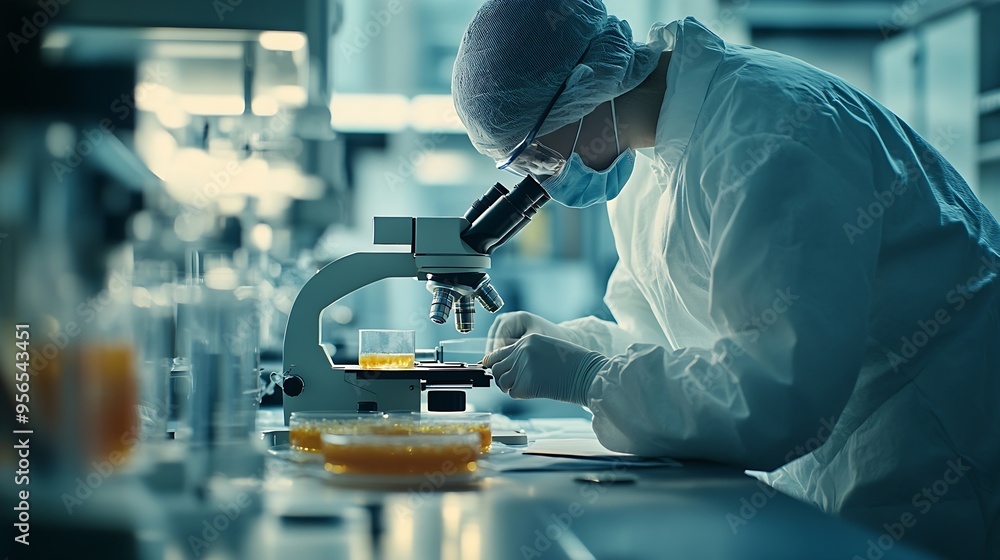 Poster lab technician researching with petri plate for analysis in the laboratory microscope microbiologist