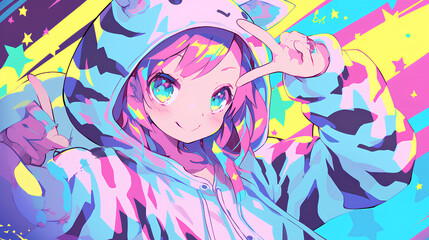 Naklejka premium cute zebra character wearing anime onesie costume, anime style, cute kawaii, simple, smiling happy. neon psychedelic background