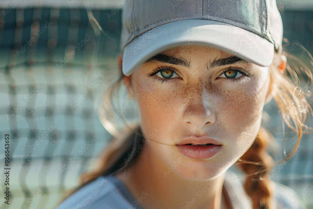 Wall mural Closeup Generative AI portrait of focused sportsman sportswoman at tennis court practicing preparing for contest